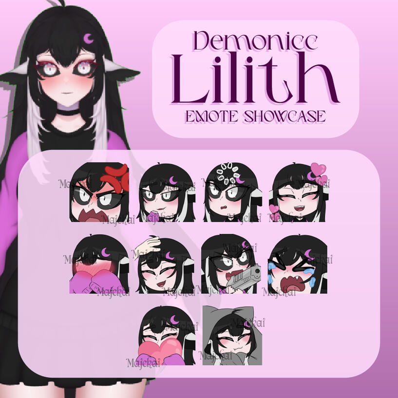 Emotes for Demonicc Lilith on Twitch (Model credit goes to Soyoco on Etsy)